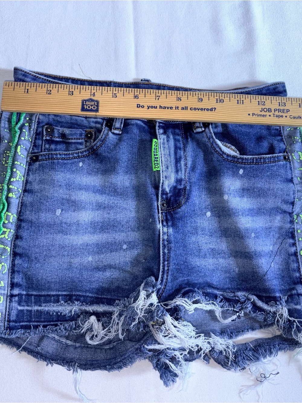 Dsquared2 Distressed Denim Shorts with Neon Green Trim 28 inch waist ripped